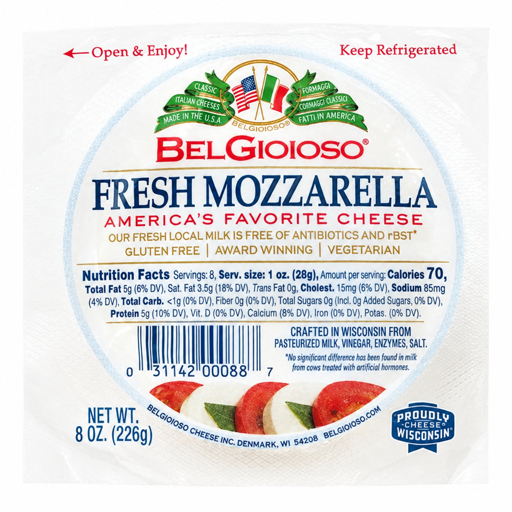 BelGioioso Fresh Mozzarella Ball package on a square white background