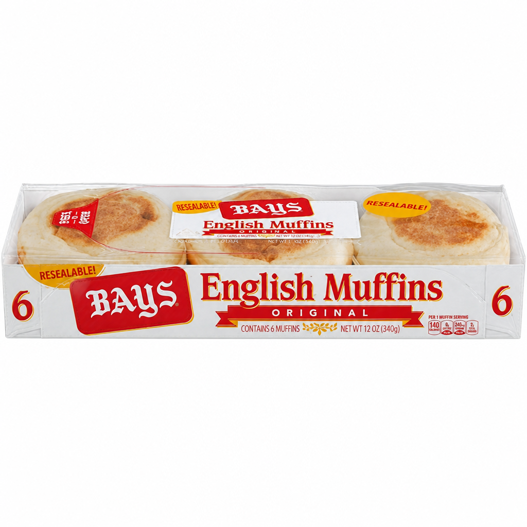 BAYS 6 English Muffins package centered on a white square background