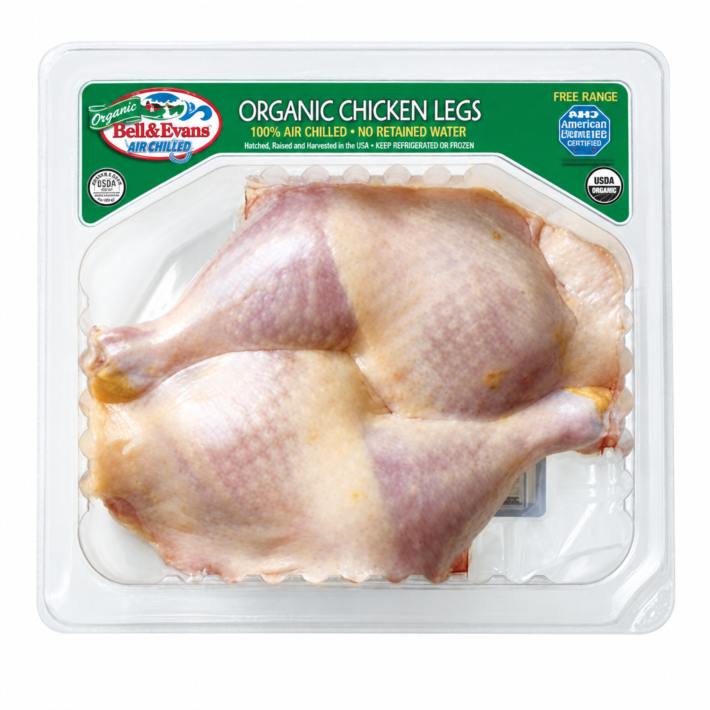 Belle & Evans Organic Chicken Leg Quarters package on a square white background