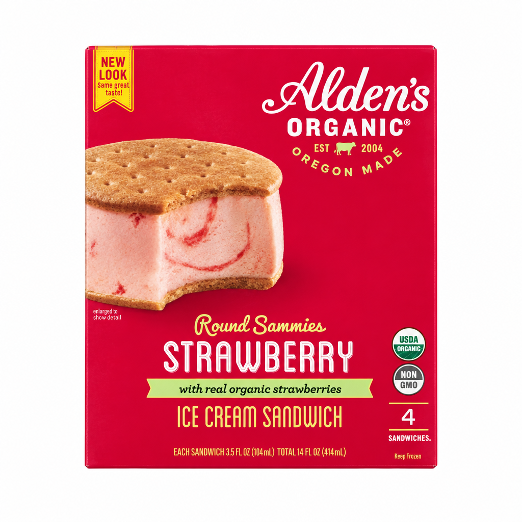 Alden's Organic Strawberry Ice Cream Sandwiches package on a square white background